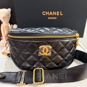 CHANEL Black Quilted Leather Crossbody Belt Bag with Gold Hardware